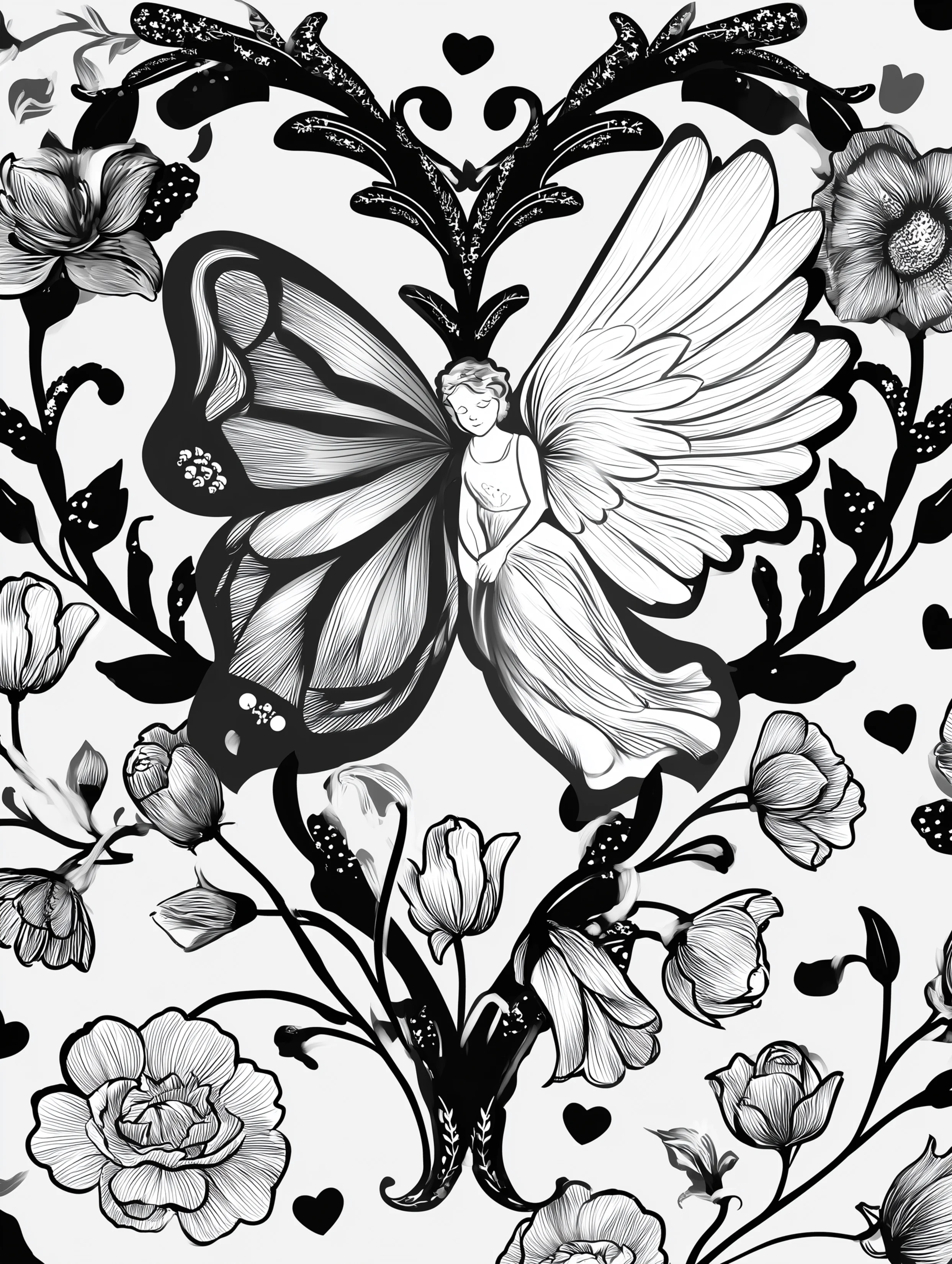 Free printable butterfly coloring page for adults featuring a half angel half butterfly figure